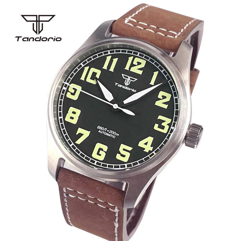 Tandorio 39mm Pilot Dive Watch — AR Sapphire, 20 BAR, Automatic, Luminous