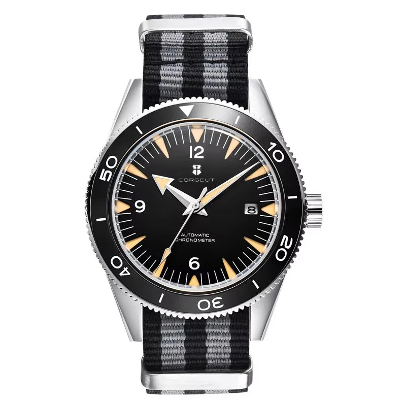 Corgeut Seamaster 41mm Automatic Watch — Sapphire Crystal, 100m Waterproof, Nylon Strap