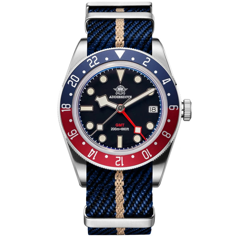 ADDIESDIVE GMT Diver Watch — Quartz 24-Hour, Bubble Glass, BGW9 Luminous, 200m