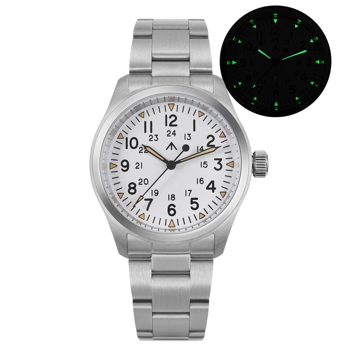 Militado ML08 Quartz Watch V2 — Double-Domed Sapphire, C3 Green Luminous, 38mm Steel Strap