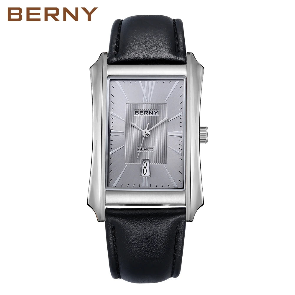 BERNY Rectangular Quartz Dress Watch — Japanese Movement, Genuine Leather Strap