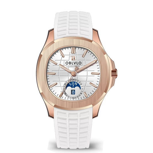 OBLVLO Square Moonphase Automatic Watch — Rose Gold, White Dial, Waterproof