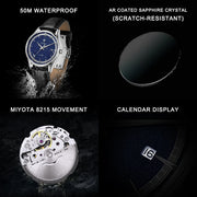 CADISEN 39mm Automatic Watch — Miyota 8215, Sapphire Crystal, Date, Leather Strap