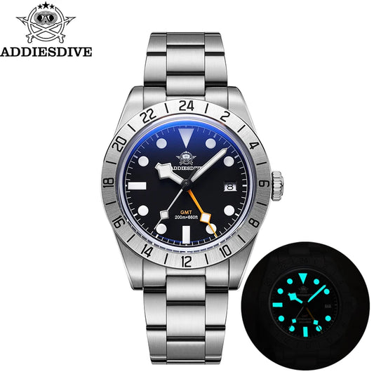 ADDIESDIVE 39mm GMT Watch — Quartz, Bubble Glass, Luminous, 20 BAR