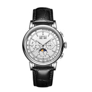 Corgeut 42mm Automatic Men's Watch Date Day Month Year Rose Gold Dial Multifunction 316L Leather Strap Polished Case Day Night