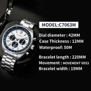 CADISEN Quartz Chronograph — Japanese VD53 Movement, Stainless Steel
