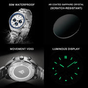 CADISEN Quartz Chronograph — Japanese VD53 Movement, Stainless Steel