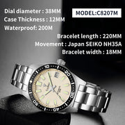 CADISEN Arctic Pearl New 38mm Diver Mens Watch Japan 8215 Automatic Mechanical Sapphire Glass Date Luminous 100M Waterproof Wrist Watch Men