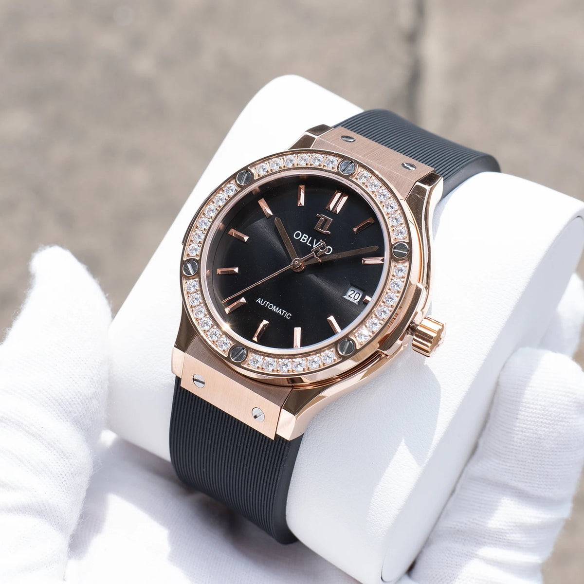 OBLVLO Mens Luxury Rose Gold Black Dial with Diamonds Bezel Automatic Watch Waterproof Rubber Band Mechanical Timepiece HM-SIM-D