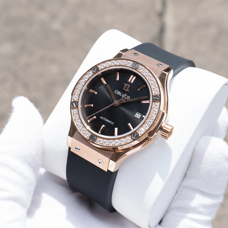 OBLVLO Mens Luxury Rose Gold Black Dial with Diamonds Bezel Automatic Watch Waterproof Rubber Band Mechanical Timepiece HM-SIM-D