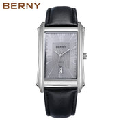 BERNY Rectangular Quartz Dress Watch — Japanese Movement, Genuine Leather Strap