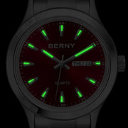 BERNY Ultra-Thin Quartz Dress Watch — Textured Dial, Calendar, Luminous