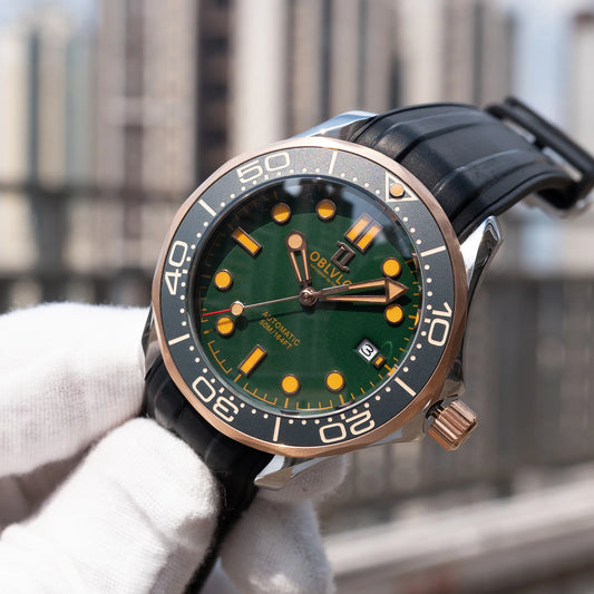 OBLVLO Sport Automatic Watch — Green Dial, 50m Waterproof, Silicone Strap