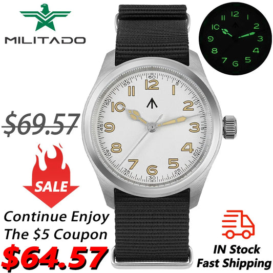 Militado ML08 Quartz Watch — Double-Domed Sapphire, C3 Green Luminous, 38mm