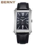 BERNY Rectangular Quartz Dress Watch — Japanese Movement, Genuine Leather Strap