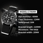 CADISEN Chronograph Watch — VK68 Meca-Quartz, Sapphire Crystal, Canvas Strap