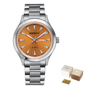 BERNY Ultra-Thin Quartz Dress Watch — Textured Dial, Calendar, Luminous