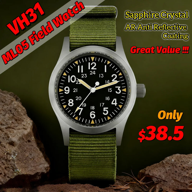 Militado Ml05 Vintage Field Watch VH31 Sweep Second Quartz Movement Sapphire Crystal High Clear AR Coating Luminous 38Mm Watches