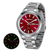 BERNY Ultra-Thin Quartz Dress Watch — Textured Dial, Calendar, Luminous