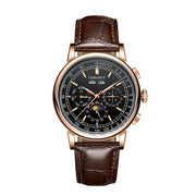 Corgeut 42mm Automatic Men's Watch Date Day Month Year Rose Gold Dial Multifunction 316L Leather Strap Polished Case Day Night