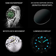 CADISEN Automatic Watch — Miyota 8215, Sapphire Crystal, Ceramic Bezel Ring