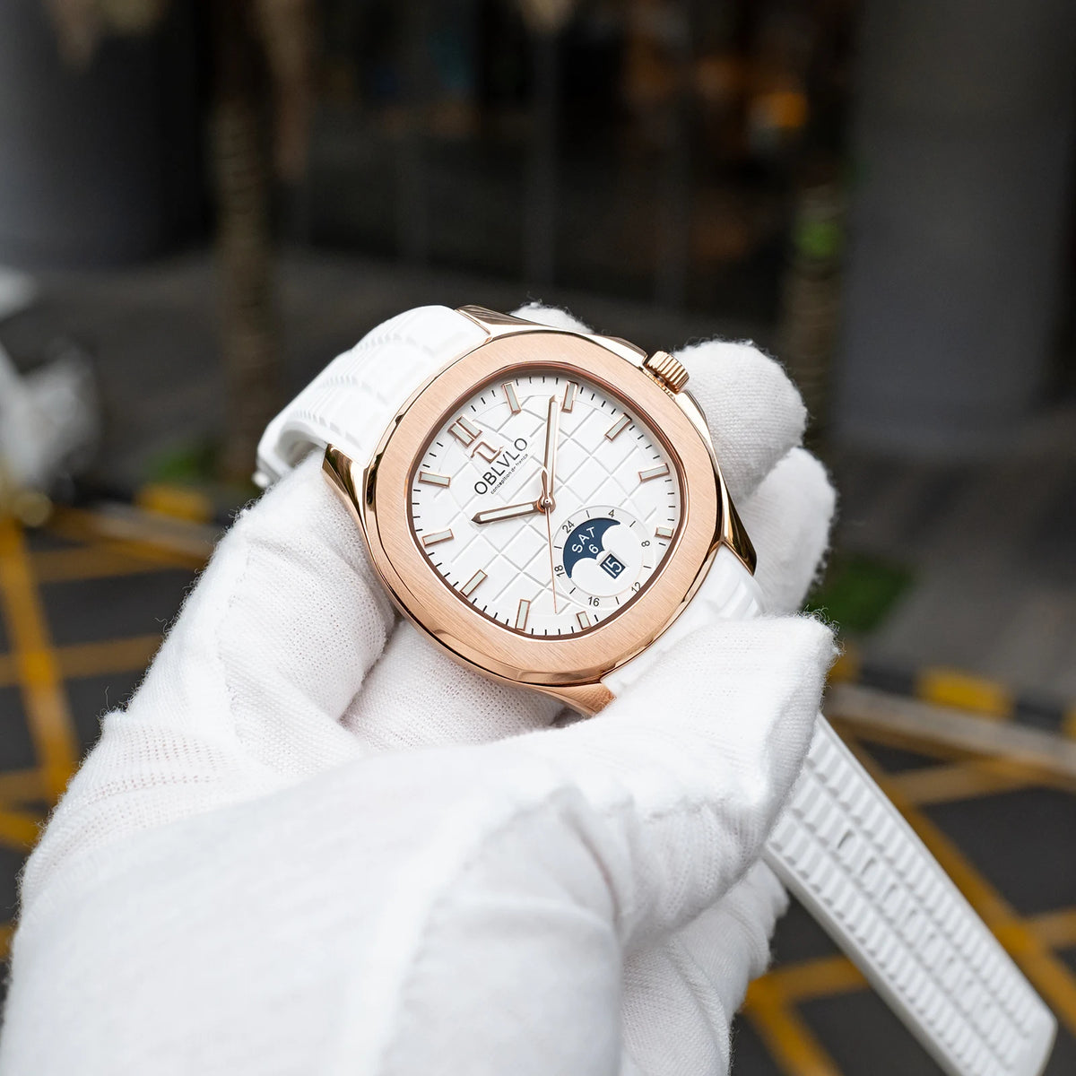 OBLVLO Men's Fashion Square Watch Rose Gold White Dial Moonphase Automatic Rubber Band Waterproof Sport Watch FM-SL-DD