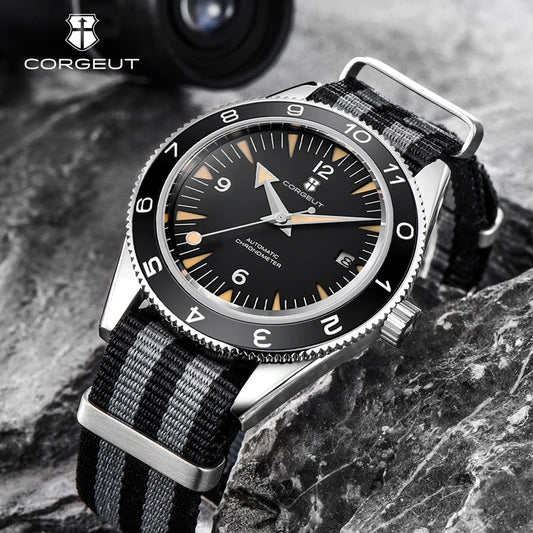 Corgeut 41mm Automatic Watch — Sapphire Crystal, 100m Waterproof, Nylon Strap