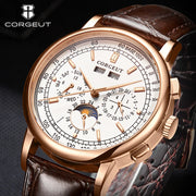 Corgeut 42mm Automatic Men's Watch Date Day Month Year Rose Gold Dial Multifunction 316L Leather Strap Polished Case Day Night