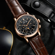 Corgeut 42mm Automatic Men's Watch Date Day Month Year Rose Gold Dial Multifunction 316L Leather Strap Polished Case Day Night