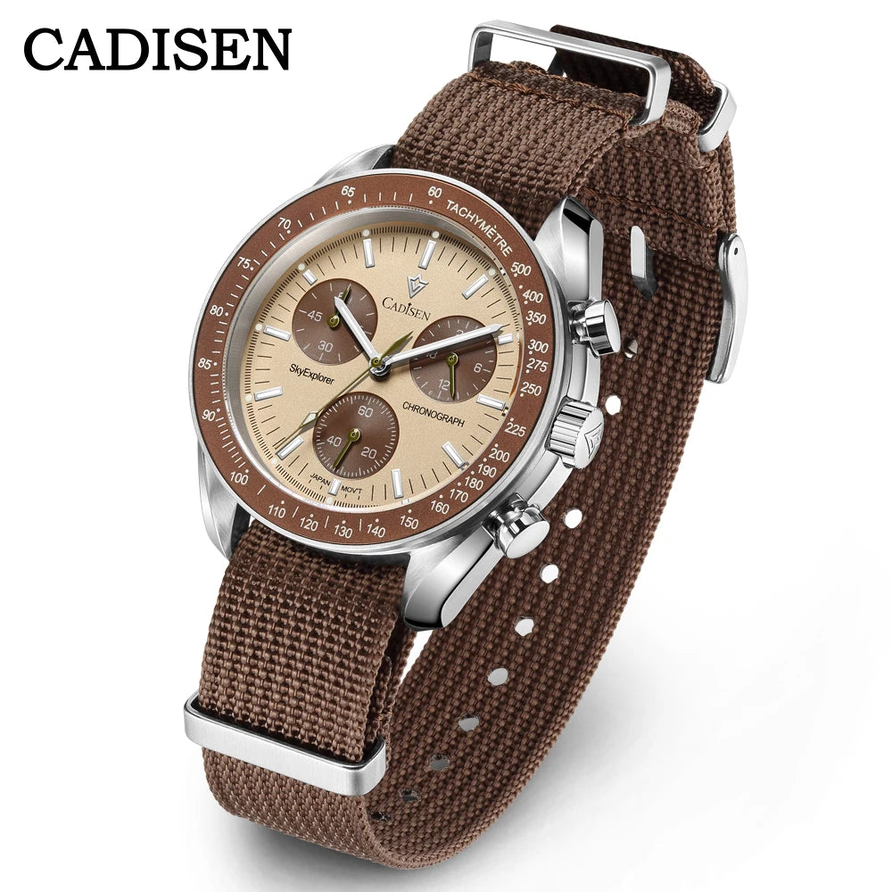 CADISEN Chronograph Watch — VK68 Meca-Quartz, Sapphire Crystal, Canvas Strap