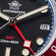 ADDIESDIVE GMT Diver Watch — Quartz 24-Hour, Bubble Glass, BGW9 Luminous, 200m