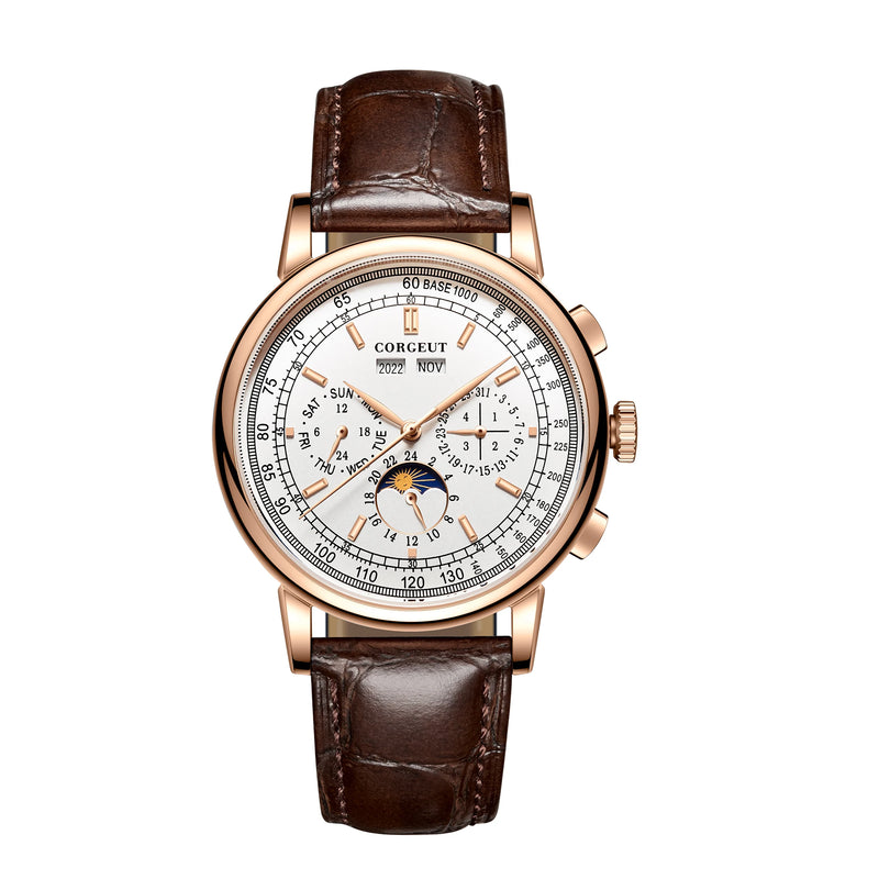 42mm Sterile Automatic Mens Watch Moon Phase Day Date Month Year Week Corgeut Multifunction 316L Leather Strap White/Black