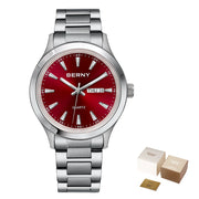 BERNY Ultra-Thin Quartz Dress Watch — Textured Dial, Calendar, Luminous